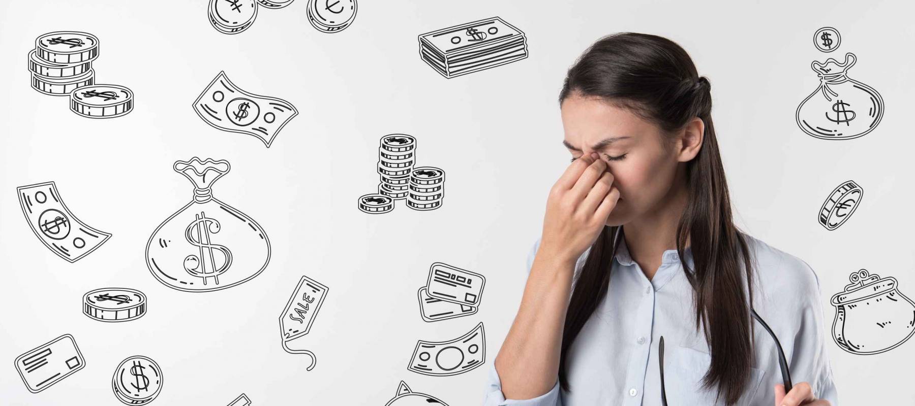 Poor woman. Emotional sad student closing her eyes and feeling terrible while having no money for her education