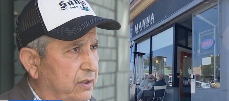 Side-by-side of man being interviewed on the street and a storefront in San Francisco.