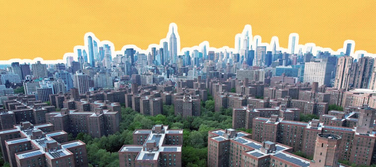 Aerial shots of New York City Stuyvesant Town-Peter Cooper Village apartment buildings in the foreground of the Manhattan skyline.