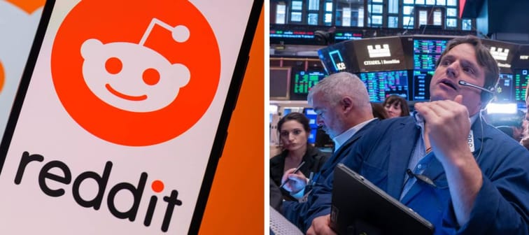 Left: Reddit logo on mobile phone Right: Scene from Reddit's debut at the New York Stock Exchange.