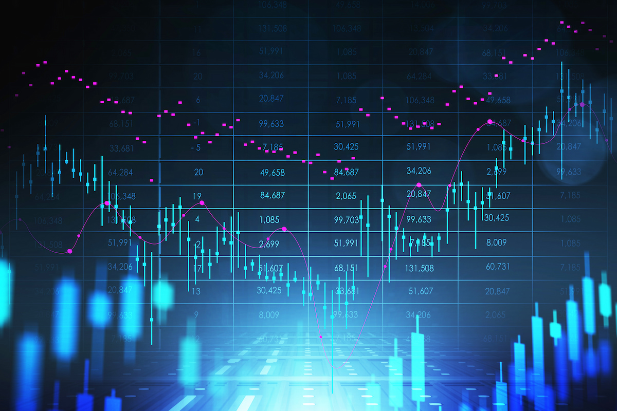 Stock market changes, business graph chart. Rising and falling candlesticks, online trading. 3D rendering