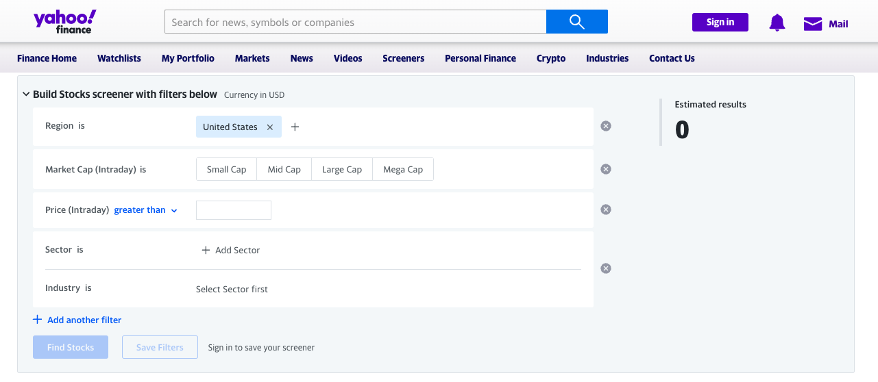 Yahoo Finance stock screener